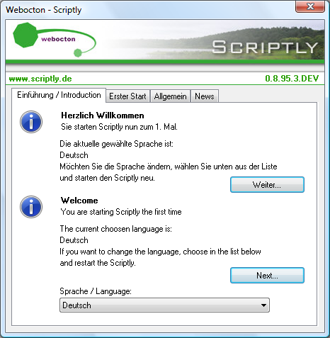 Einfhrungsbildschirm beim aller ersten Start von Scriptly