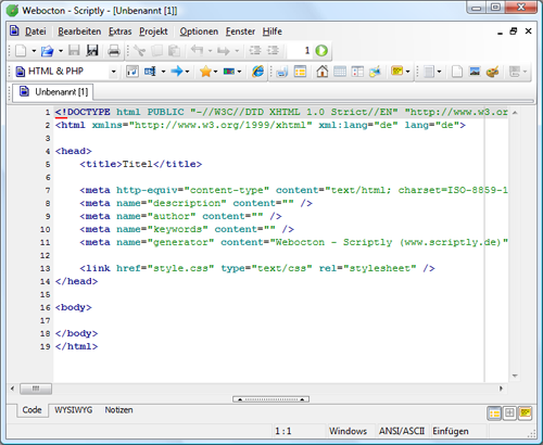 erste Ansicht von Scriptly mit HTML-Quellcode