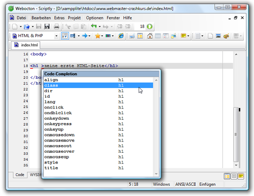 die Attribute von HTML-TAGs bei Code Completion